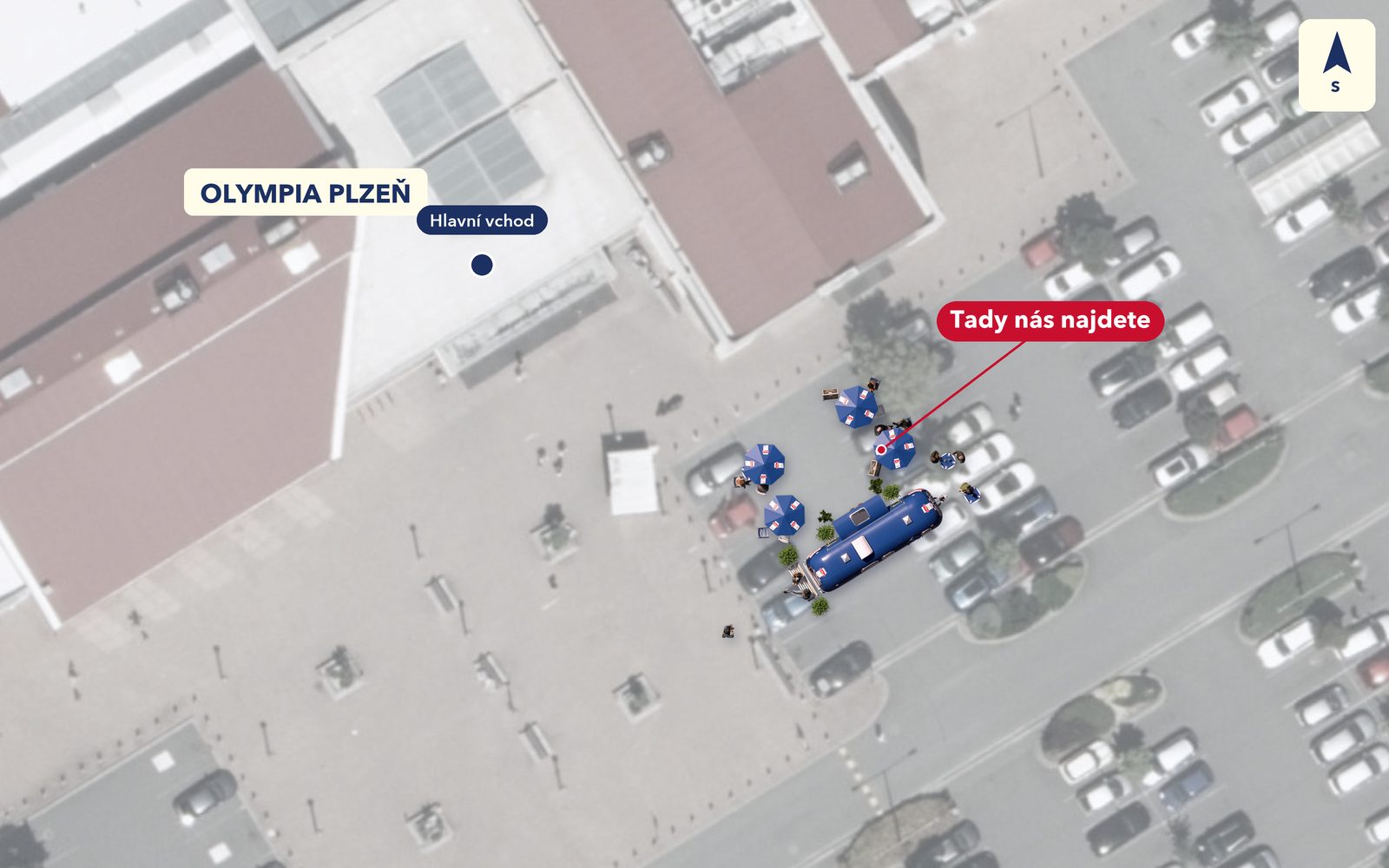 Plánek: Galbani zóna na kraji parkoviště u hlavního vchodu obchodního centra Olympia Plzeň