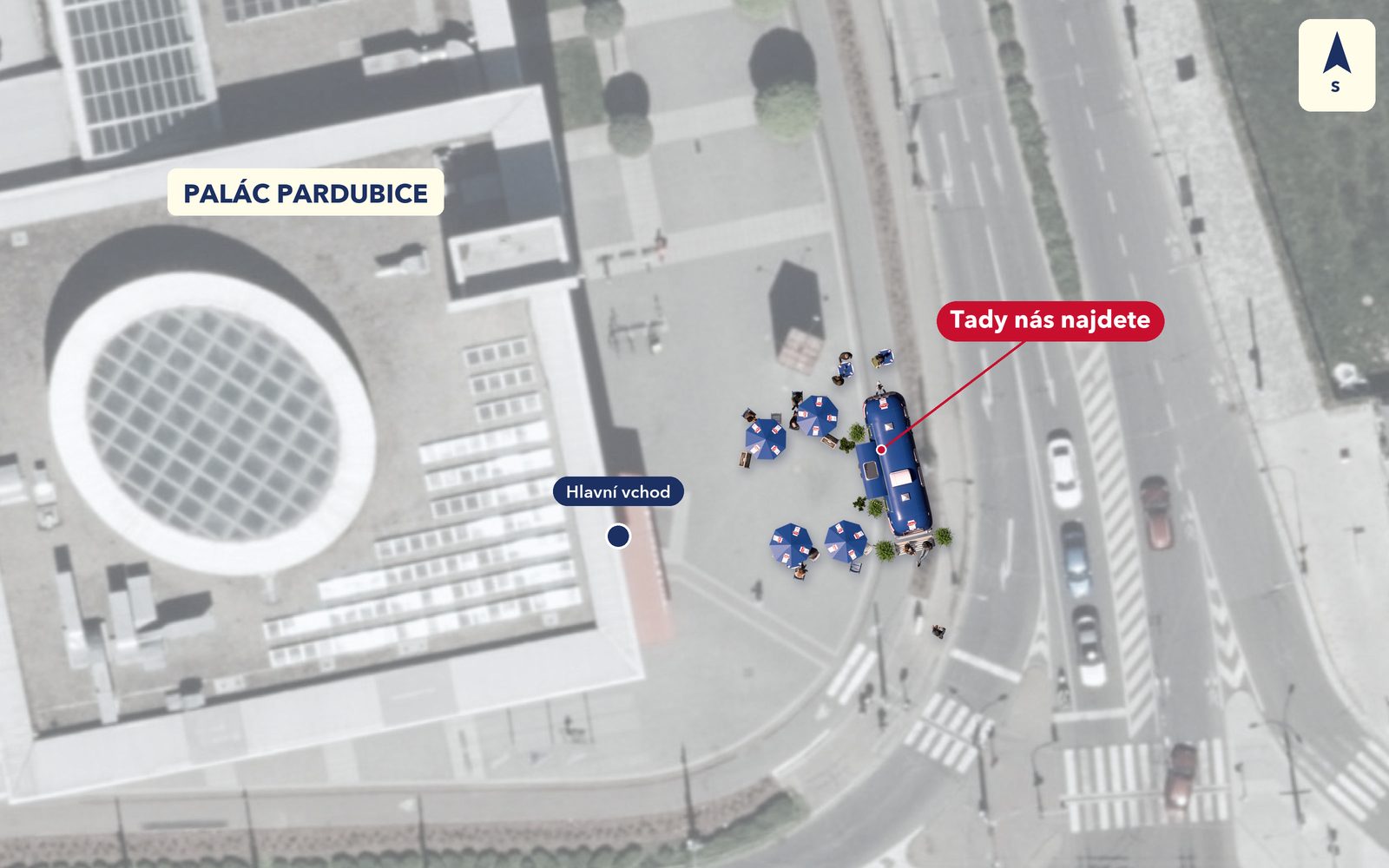 Plánek: Galbani zóna na chodníku u hlavního vchodu obchodního centra Palác Pardubice