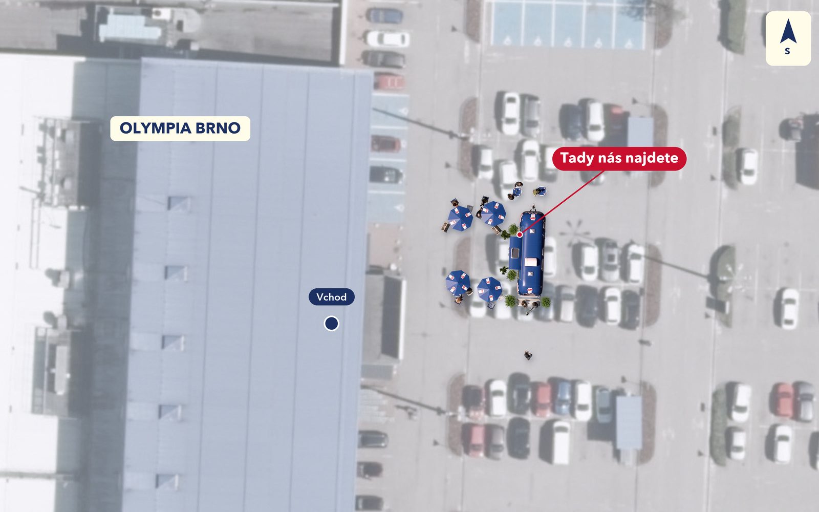 Plánek: Galbani zóna na parkovišti u východního vchodu obchodního centra Olympia Brno