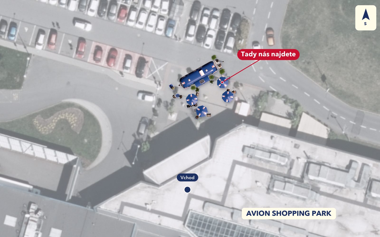 Plánek: Galbani zóna na chodníku před vchodem do Avion Shopping Park Ostrava